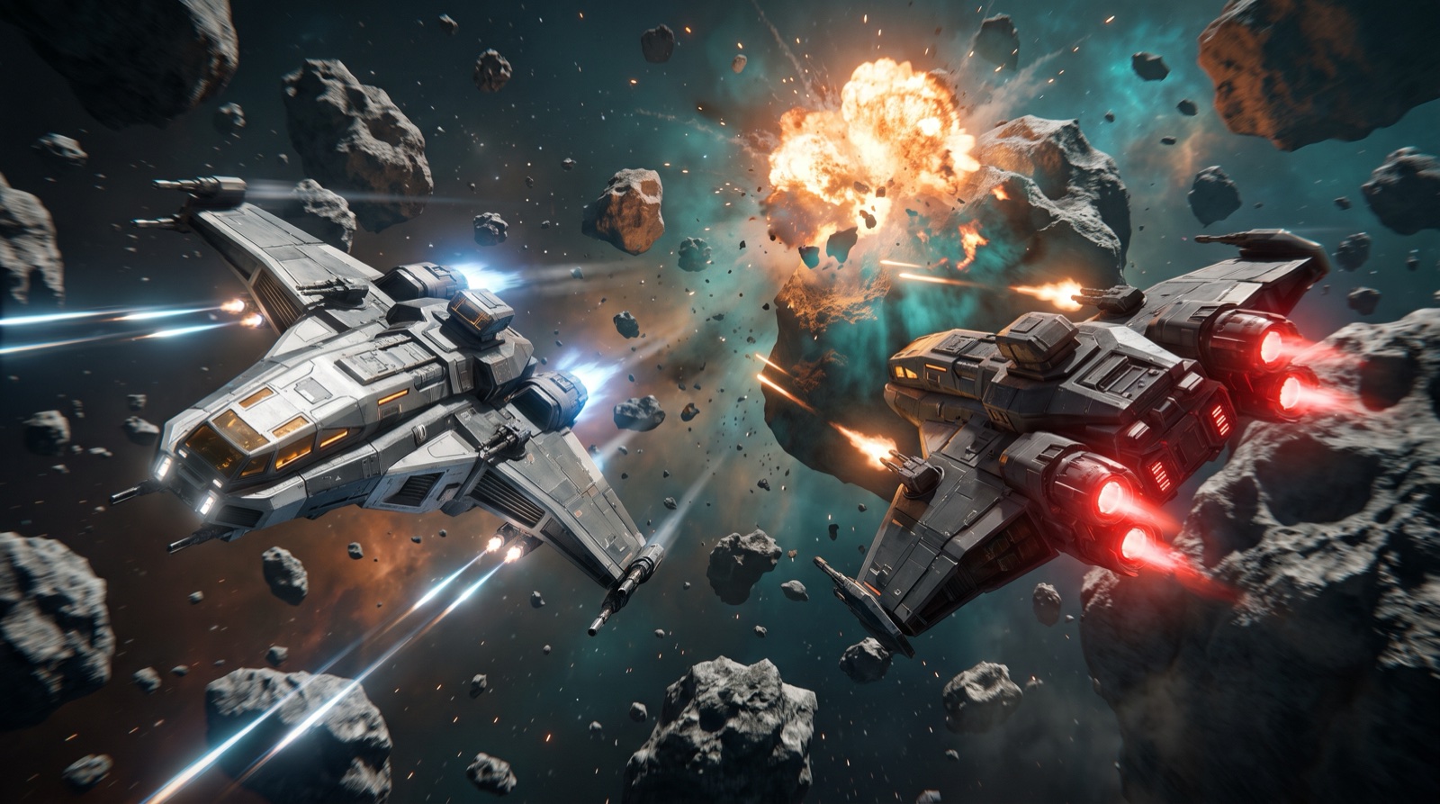 Two fighters dogfighting in an asteroid field
