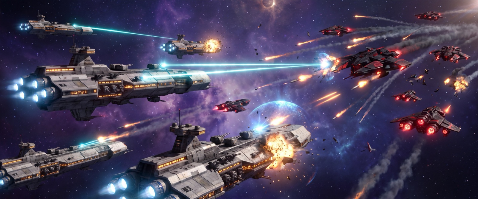 Two fleets clashing with lasers and missiles