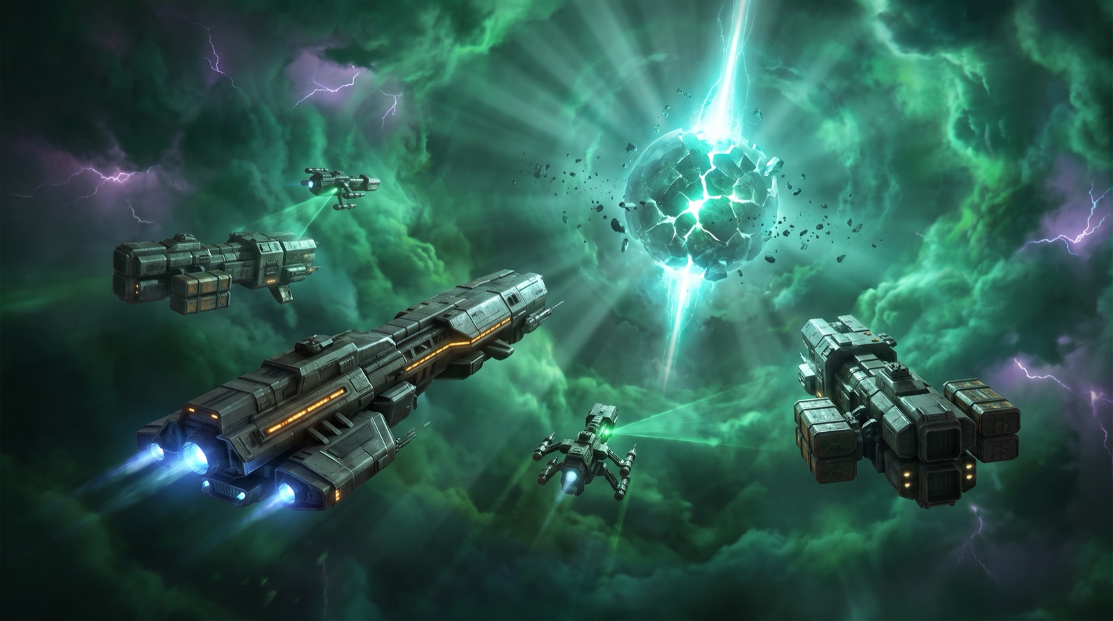 A task force entering a toxic green gas nebula toward a glowing relic well