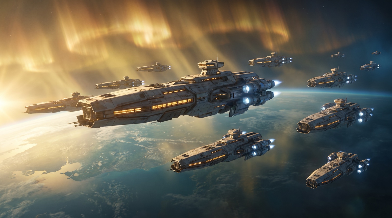 A victorious fleet in golden light above a conquered planet